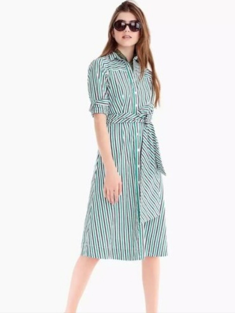 J Crew Tie Waist Shirt Dress Navy/ Green/ White Stripes Size 00 - Picture 2 of 11